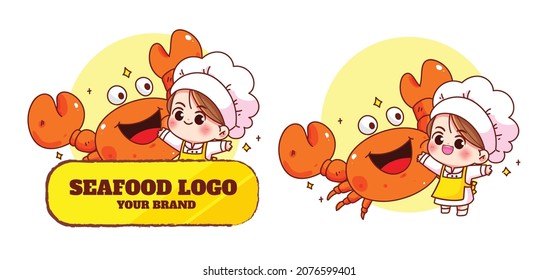 Cute Chef And Crab Seafood Logo Mascot Character Food Restaurant Cartoon