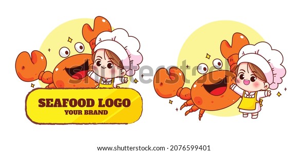 Cute chef and crab seafood logo mascot character\
food restaurant cartoon
