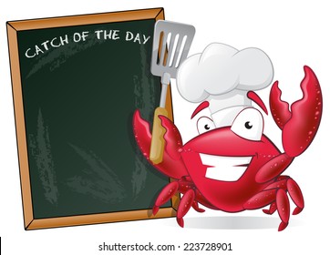 Cute Chef Crab with Spatula and Menu Board. Great illustration of a Cute Cartoon Crab Chef holding a Frying Spatula next to Menu Board. 