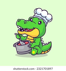 Cute Chef Crocodile Cooking Cartoon Vector Icon Illustration. Animal Food Icon Concept Isolated Premium Vector. Flat Cartoon Style