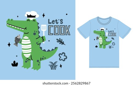 Cute chef crocodile illustration with tshirt design vector the Concept of Isolated Technology. Flat Cartoon Style Suitable for Landing Web Pages,T shirt, Flyers, Stickers