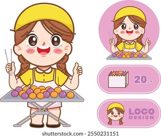 Chef lindo con diseño de dibujos animados de logotipo de bola de batata frita profunda. Ilustración vectorial dibujada a mano premium.