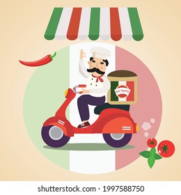 Cute chef delivers pizza on a scooter