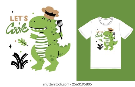 Cute chef dinosaur illustration with tshirt design vector the Concept of Isolated Technology. Flat Cartoon Style Suitable for Landing Web Pages,T shirt, Flyers, Stickers