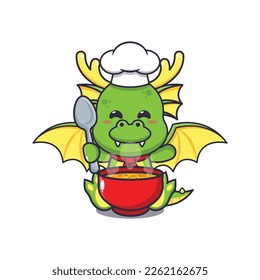 Cute chef dragon mascot cartoon character with soup. 
Vector cartoon Illustration suitable for poster, brochure, web, mascot, sticker, logo and icon.