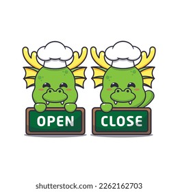 Cute chef dragon mascot cartoon character with open and close board. 
Vector cartoon Illustration suitable for poster, brochure, web, mascot, sticker, logo and icon.