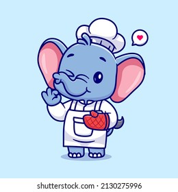 Cute Chef Elephant Cartoon Vector Icon Illustration. Animal Food Icon Concept Isolated Premium Vector. Flat Cartoon Style