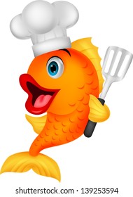 Cute Chef Fish Cartoon Holding Spatula