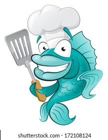 Cute Chef Fish with Spatula. Great illustration of a Cute Cartoon Cod Fish Chef holding a Frying Spatula.