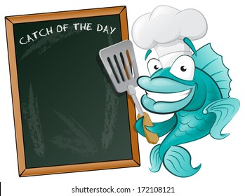 Cute Chef Fish with Spatula and Menu Board. Great illustration of a Cute Cartoon Cod Fish Chef holding a Frying Spatula next to Menu Board. 