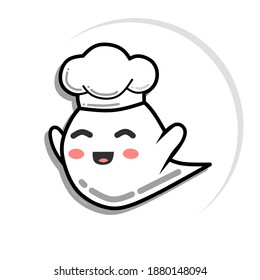 bonito fantasma de chef, ilustración vectorial de un bonito fantasma blanco usando sombrero de chef, simple diseño minimalista plano.  Para las mascotas de los restaurantes, eventos de diseño de los restaurantes