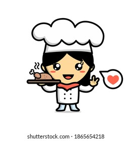 Cute chef girl bring food cartoon art illustration