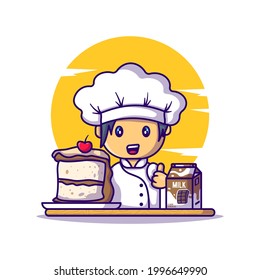 Cute Chef Girl with Cake Chocolate and Milk Cartoon Vector Illustrations. World Chocolate Day Icon Concept Isolated Premium Vector