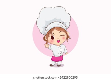 Cute chef girl cartoon art with pink color illustration