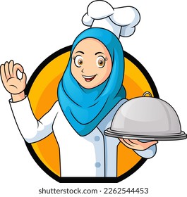 Cute chef girl cartoon holding a silver platter and ok sign
