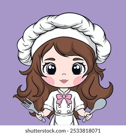 Cute chef girl cartoon on purple background. Vector illustration of cute chef girl.