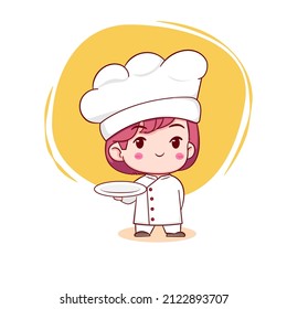 Cute chef girl chibi cartoon character illustration