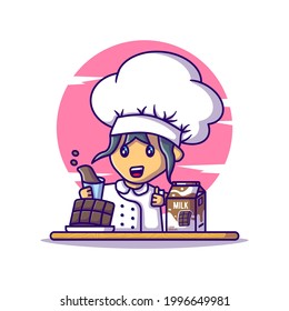 Cute Chef Girl with Chocolate and Milk Cartoon Vector Illustrations. World Chocolate Day Icon Concept Isolated Premium Vector