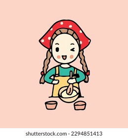 Cute chef girl cooking, home made cooking. Hand drawn vector illustration.