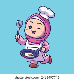 Cute Chef Girl Fried Egg Cooked Cartoon Vector Icon Illustration. Isolated Premium Vector People Food Icon Concept. Flat Cartoon Style