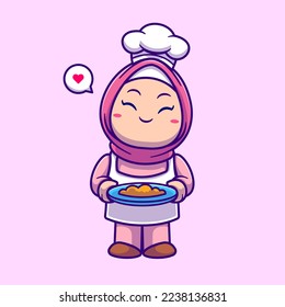 Cute Chef Girl Hijab Cooking Food Cartoon Vector Icon Illustration. People Food Icon Concept Isolated Premium Vector. Flat Cartoon Style