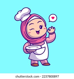 Cute Chef Girl Hijab Holding Plate Cartoon Vector Icon Illustration. People Food Icon Concept Isolated Premium Vector. Flat Cartoon Style