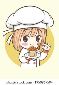 cute chef girl holding a chicken ball. fast food logo illustration concept.