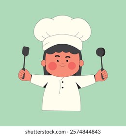 Cute Chef Girl Holding Cooking Ware Cartoon Illustration