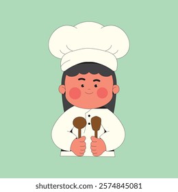 Cute Chef Girl Holding Cooking Ware Cartoon Illustration