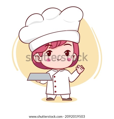 Cute chef girl holding empty plate chibi style isolated