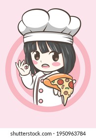cute chef girl holding a slice of pizza. fast food logo illustration concept.