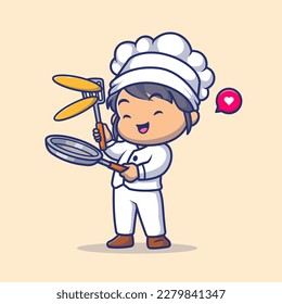 Cute Chef Girl Holding Spatula And Pan Cartoon Vector Icon Illustration. People Food Icon Concept Isolated Premium Vector. Flat Cartoon Style