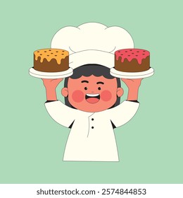 Cute Chef Girl  Holding Two Cake Cartoon Illustration