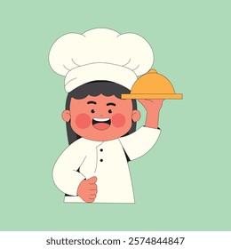 Cute Chef Girl Serving a Dish Cartoon Illustration