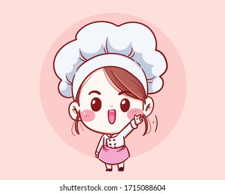 Cute Chef Girl Smiling Cartoon Vector Art Illustration