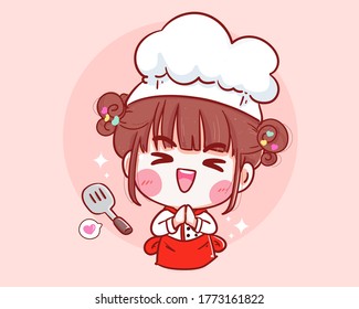 Cute Chef girl smiling cartoon art illustration logo. Premium Vector