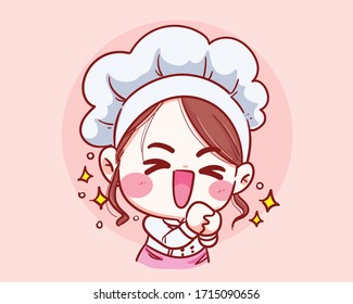 Cute Chef Girl Smiling Fun Thank You Cartoon Vector Art Illustration