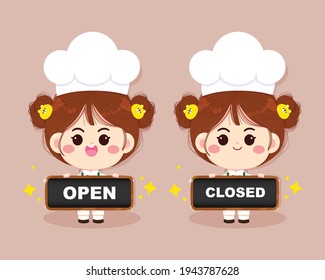 Cute chef girl smiling in uniform holding sign open and close cartoon art illustration logo