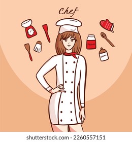 Cute chef girl smiling in uniform welcoming and inviting his guests cartoon art illustration