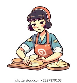Cute chef girl smiling while working baking cookies icon isolated
