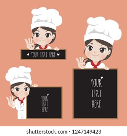 Cute chef girl and space blackboard for take a text to the customer or message for menu food.