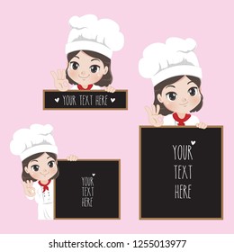 Cute chef girl and space blackboard for take a text to the customer or message for menu food.