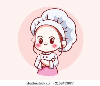 Cute chef girl in uniform character smiling stand with arms crossed food restaurant logo cartoon art illustration