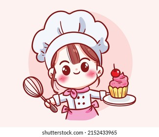 Cute Chefmädchen in gleichem Stil, das ein Kuchenrestaurant mit Logo-Cartoon-Kunstgrafik hält