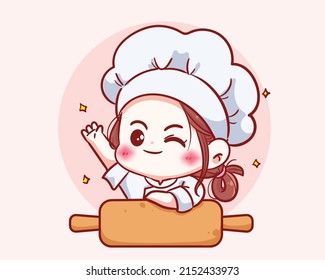 Chica de cocina educada con uniforme, mano y el logo del restaurante de comida sonriente ilustración de dibujos animados