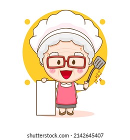 Cute chef grandma with blank board chibi hand drawn cartoon character