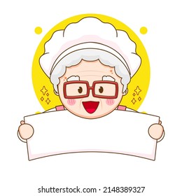 Cute chef grandma holding empty board. Cartoon illustration of chibi character isolated on white background.