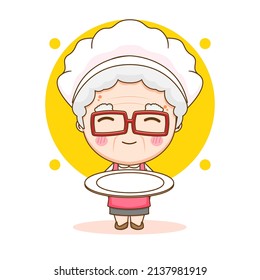 Cute chef grandma with plate cartoon illustration