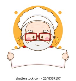 Küchenchef Großvater, der leere Pappe hält. Cartoon-Illustration von Chibi-Zeichen einzeln auf weißem Hintergrund.