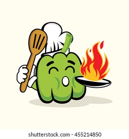 Cute Chef Green Paprika With Hot Fire